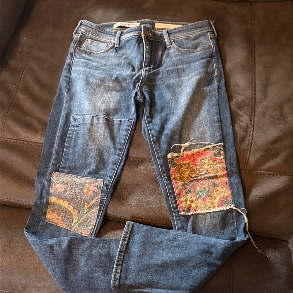 Pilcro Blue Patchwork Straight Leg Jeans